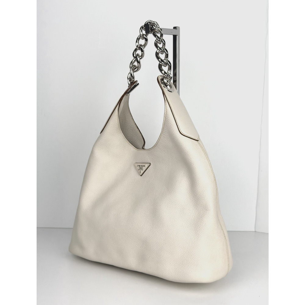 Prada Vitello Daino Chain Link Hobo Bag Large in Beige Leather S